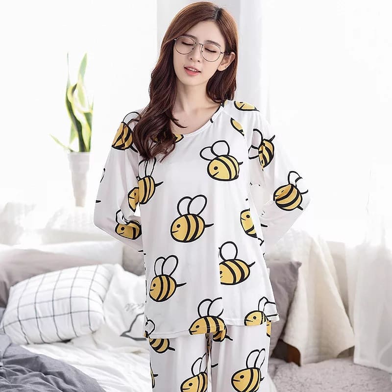 White Honey Bee print Full Sleeves Night Suit for Her