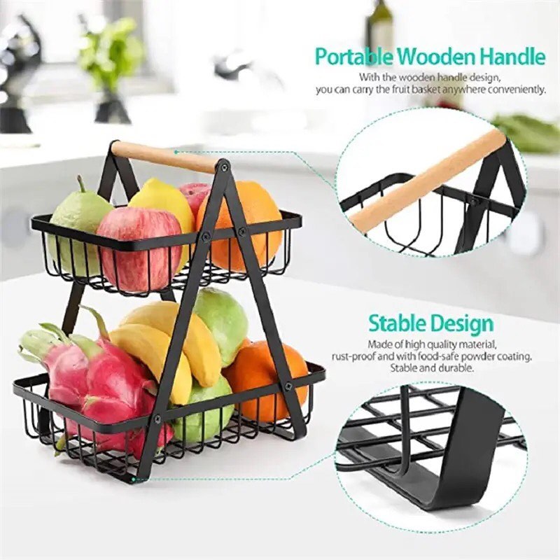 2-Tier Metal Fruit Basket Portable Kitchen Storage Countertop Shelf Rack for Fruits Vegetables Household Toiletries