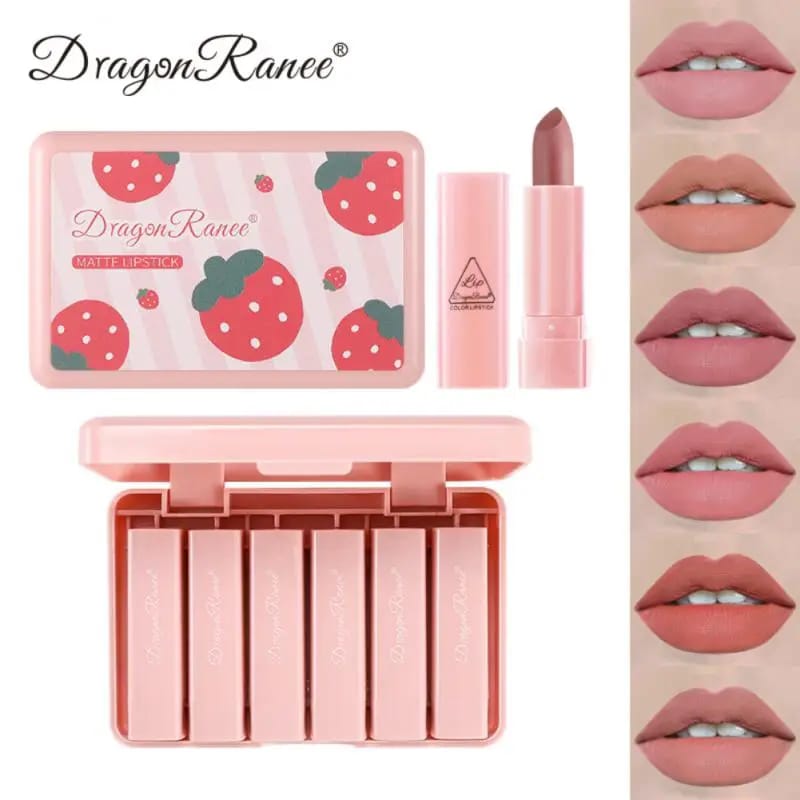 6pcs/set Strawberry Matte Lipstick Set Waterproof Long Lasting Exquisite Pink Matte Lipstick