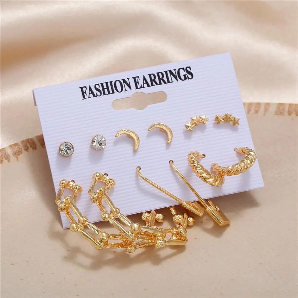 6 Pairs Vintage Geometric Gold Color Metal Earrings Pearl Dangle Drop Trending Earrings Set