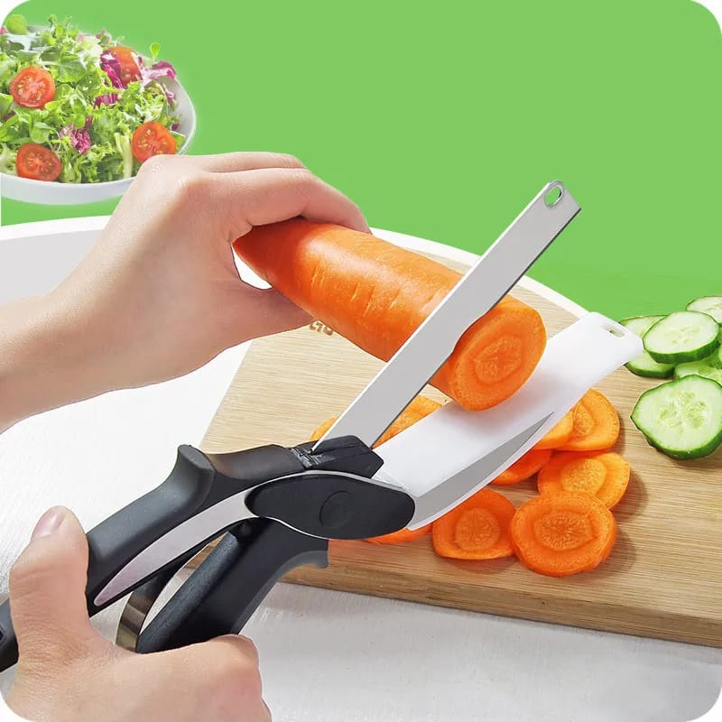 2 in 1 Clever Cutter Food Vegetable Chopper Kitchen Stainless Steel Vegetable Scissors Fruit Cutter, Vegetable Cutter With Cutting Board