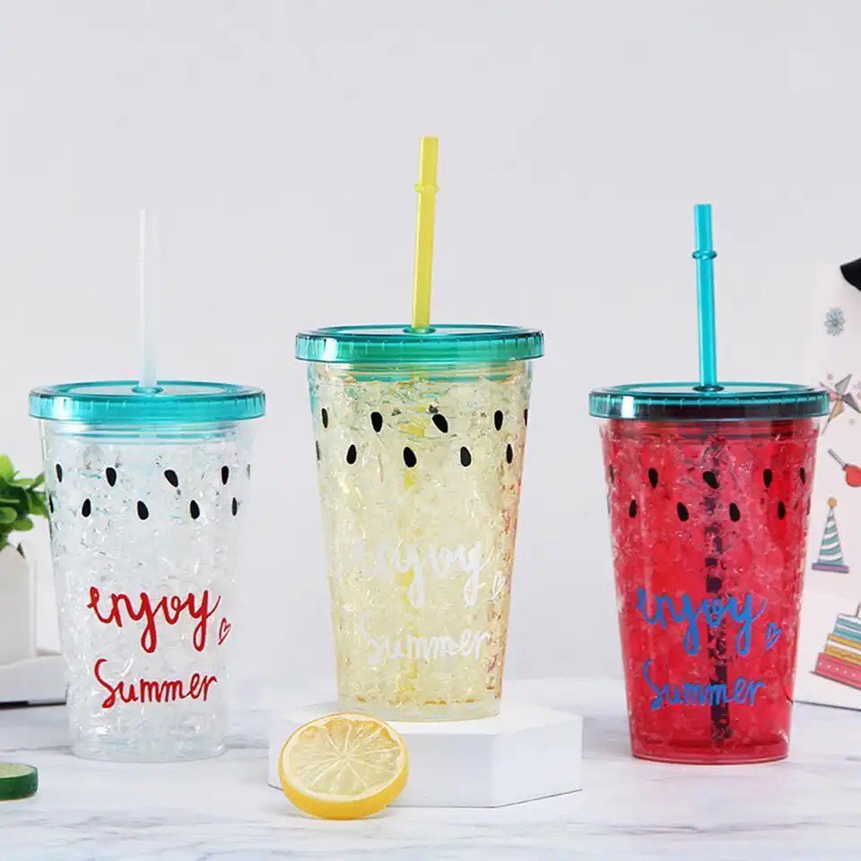 Fashion Water Bottle Practical Water Cup Double Layer with Lid Lovely Sweet Straw Bottle