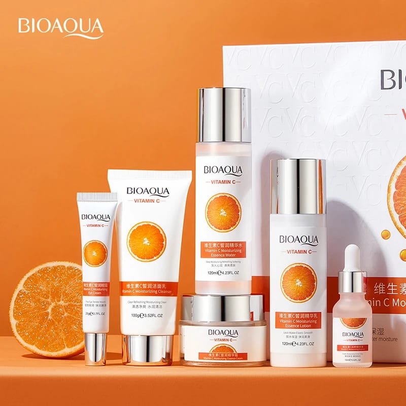 6pcs BIOAQUA Vitamin C Skin Care Sets Moisturizing Whitening Anti-aging Face Cream Serum Facial Cleanser Eye Cream Skin Care Set