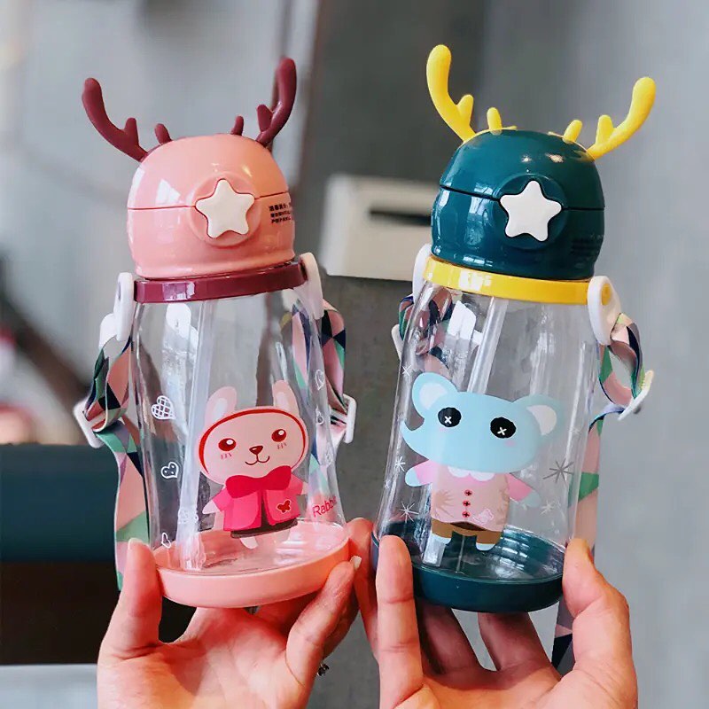 600ML Cartoon Water Cup With Straw Large-capacity Antler Plastic Cup Students Kids Water Sippy Cup Drinking Milk Water Dual-Use