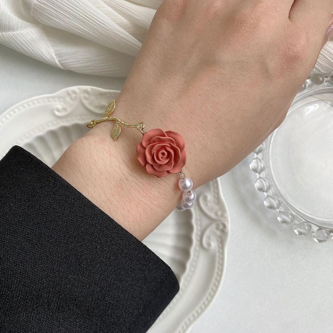 Elegant Red Rose Flower Bracelet Imitation Pearl Bangle Charm Bracelet