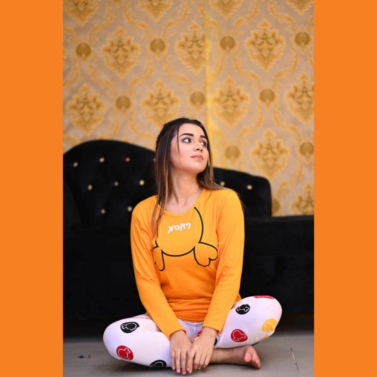 Yellow Stylish printed T Shirt with Multicolor Pajama Full Sleeves Night Suit for her