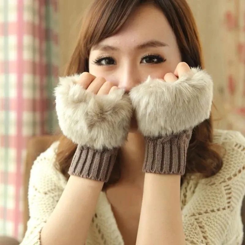 Winter Girls Gloves Warmer Stylish Gloves Knitting Faux Wool Mitten Fingerless Rabbit Fur Gloves