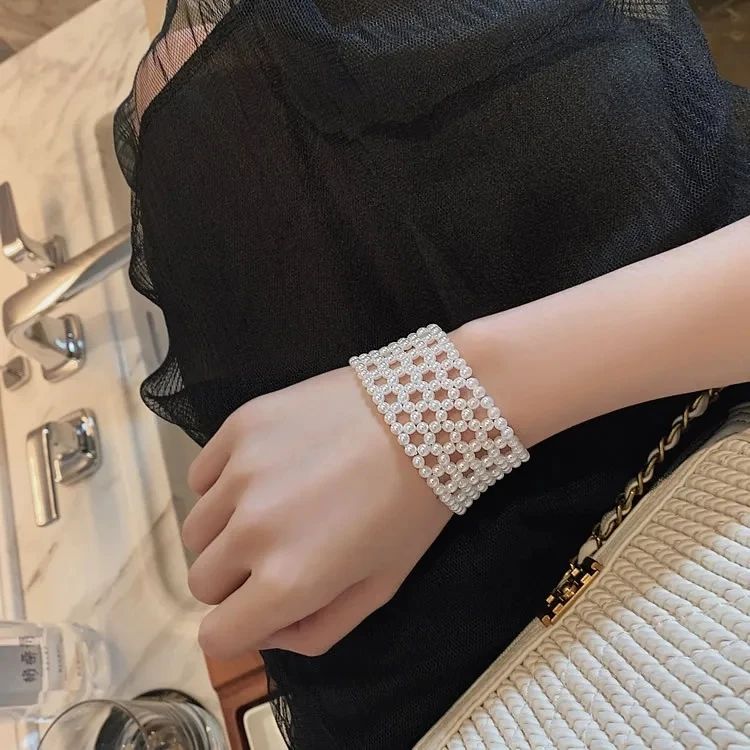 White Pearl Fashion Jewelry Weave Bracelet elastic wide bracelet for Women