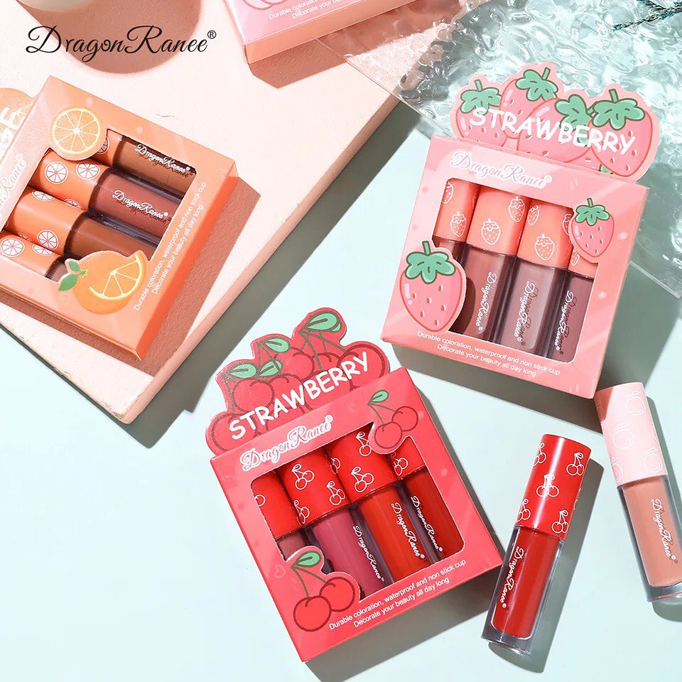 4pcs/set Dragon Range Velvet Matte Lip Gloss Liquid Lipstick Waterproof Long Lasting Nude Lip Makeup Korean Cosmetics