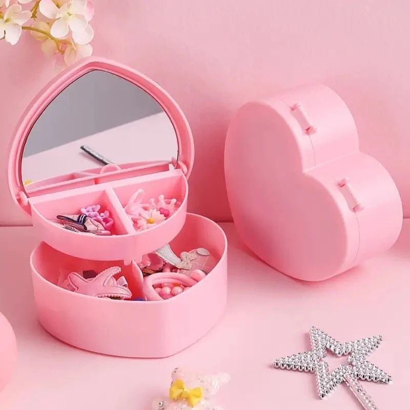 Heart-shaped Jewelry Box Pink Girl Heart Jewelry Storage Box Desktop Student Dormitory Love Double Mirror Make Up Organizer Box