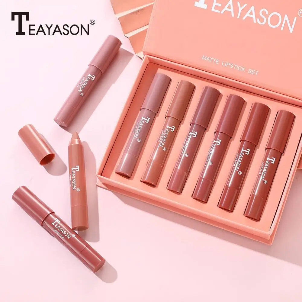 6pcs/set Nude Crayons Lipstick Pencil Velvet Matte Waterproof Long Lasting Non-Stick Lipstick