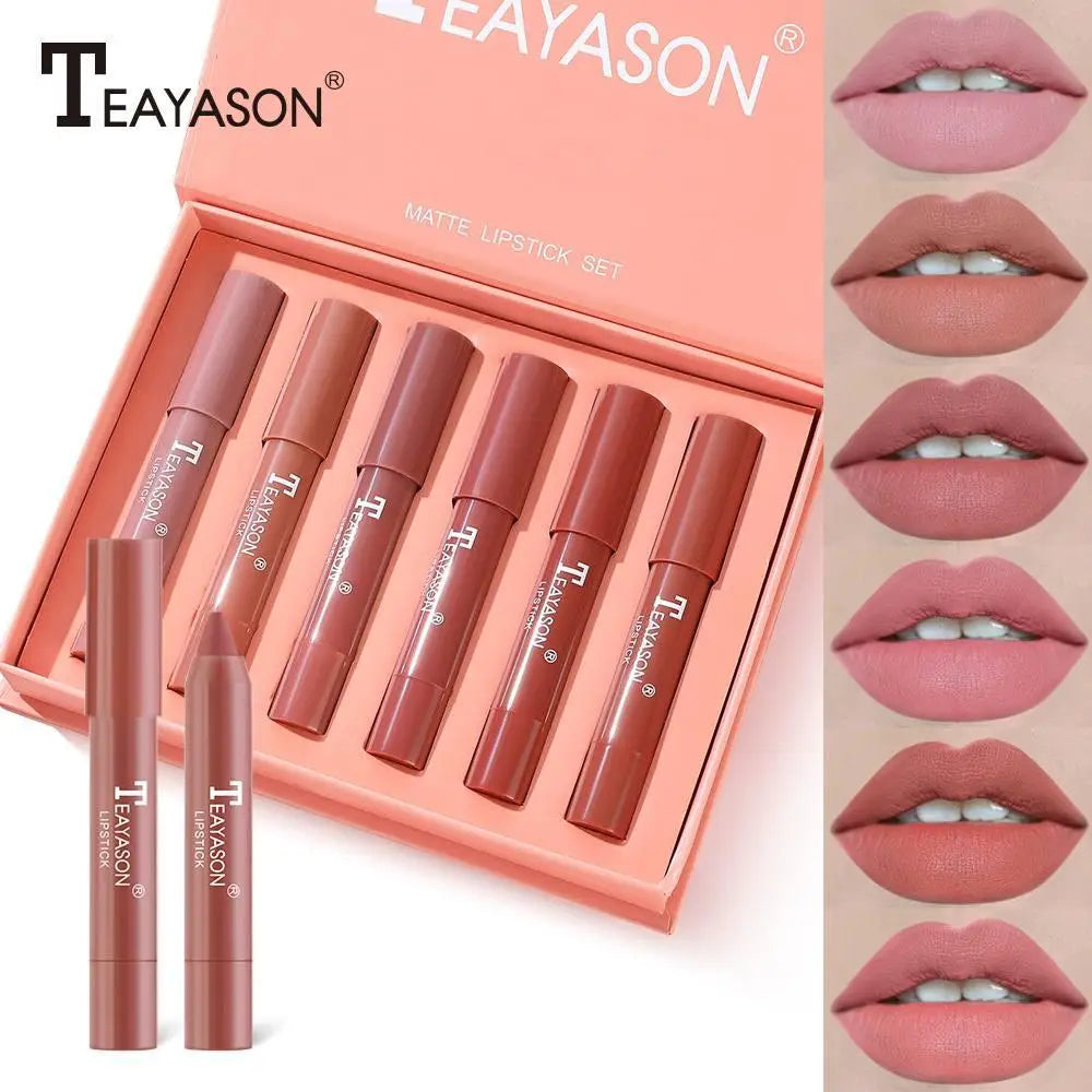 6pcs/set Nude Crayons Lipstick Pencil Velvet Matte Waterproof Long Lasting Non-Stick Lipstick