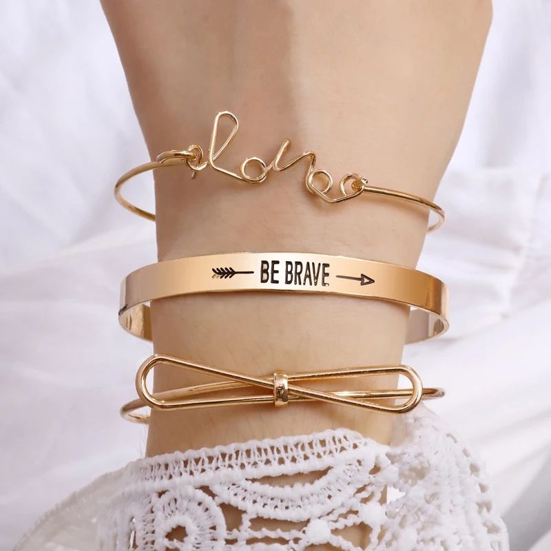 3pcs Cuff Wide Bracelets Bangles BE BRAVE Knot LOVE Bracelets