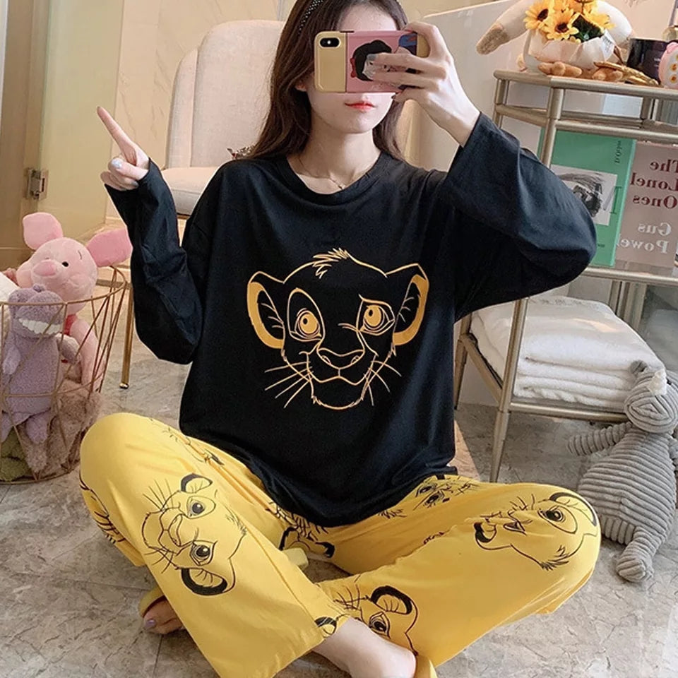 Black and Yellow SIMBA print T SHirt with Printed Pajama Full Sleeves Night Suit for her