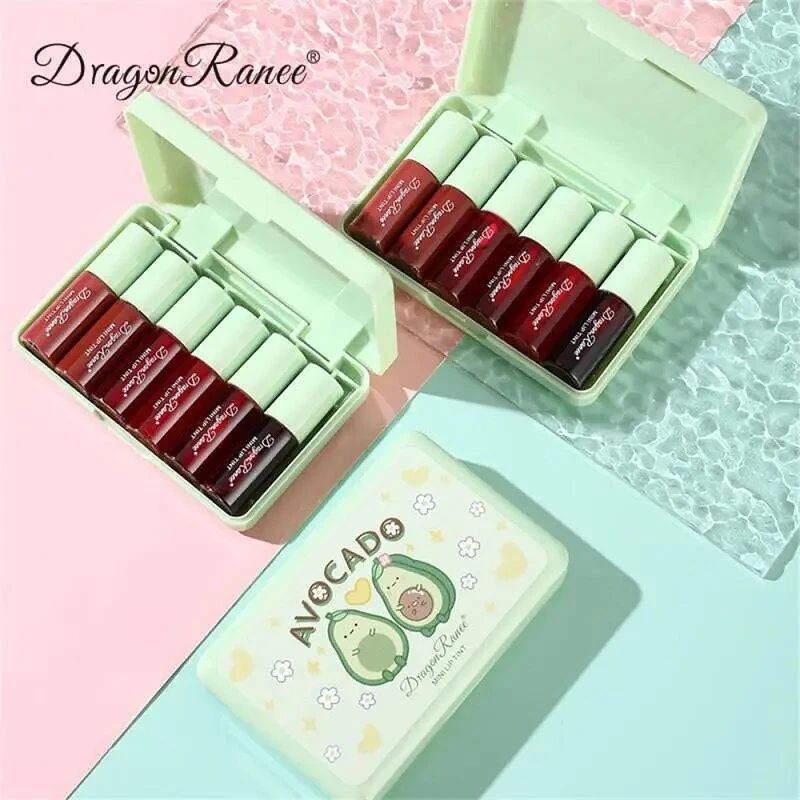 6pcs/set Avocado Liquid Lipstick Mini Mirror Water Lip Gloss Waterproof Moisturizing Lasting Lip Tint Jelly Lip Stick Girl Cosmetics Kit