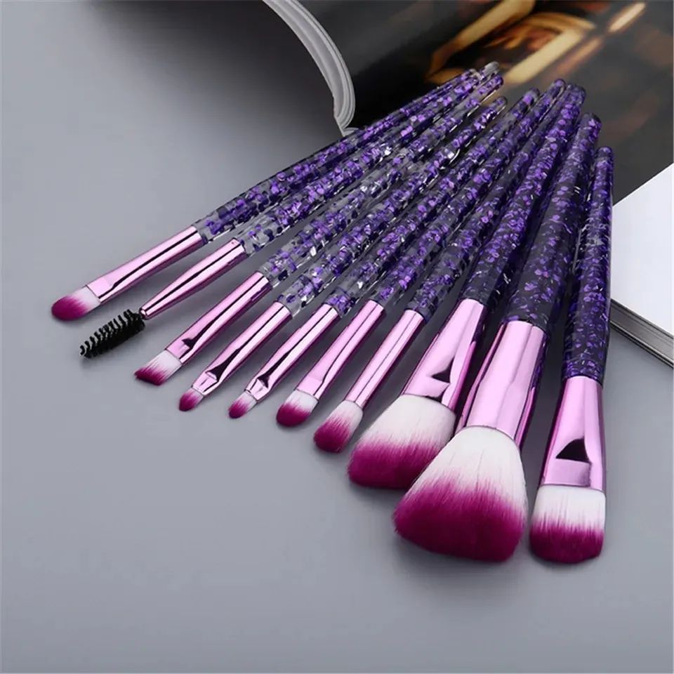 10Pcs Makeup Brush Set Crystal Handle Powder Foundation Loose Powder Eye Shadow Mixed Eyelash Eyebrow Eyeliner Tool