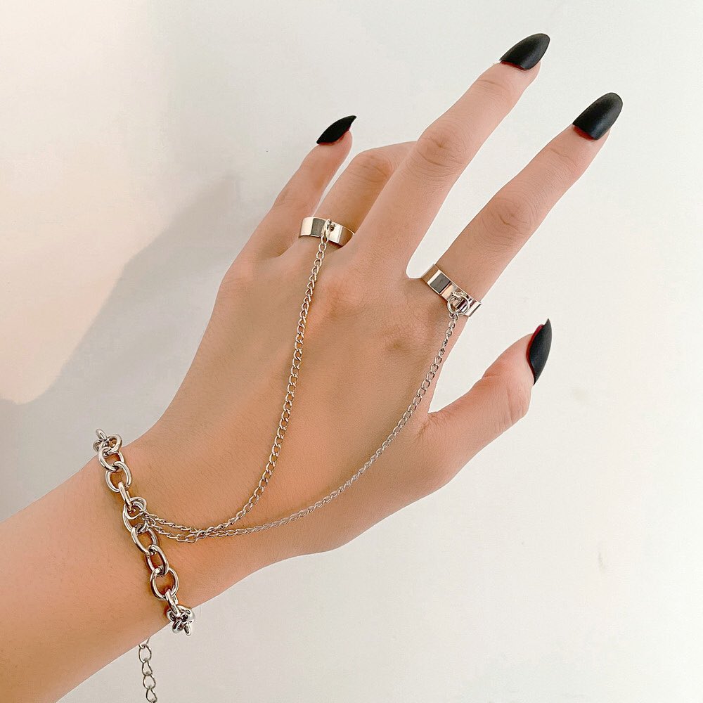 2 Ring Chain Bracelet Set, Unique Double Rings Finger Bracelets For Women And Men, Adjustable Bracelets Hand Chain Wristband