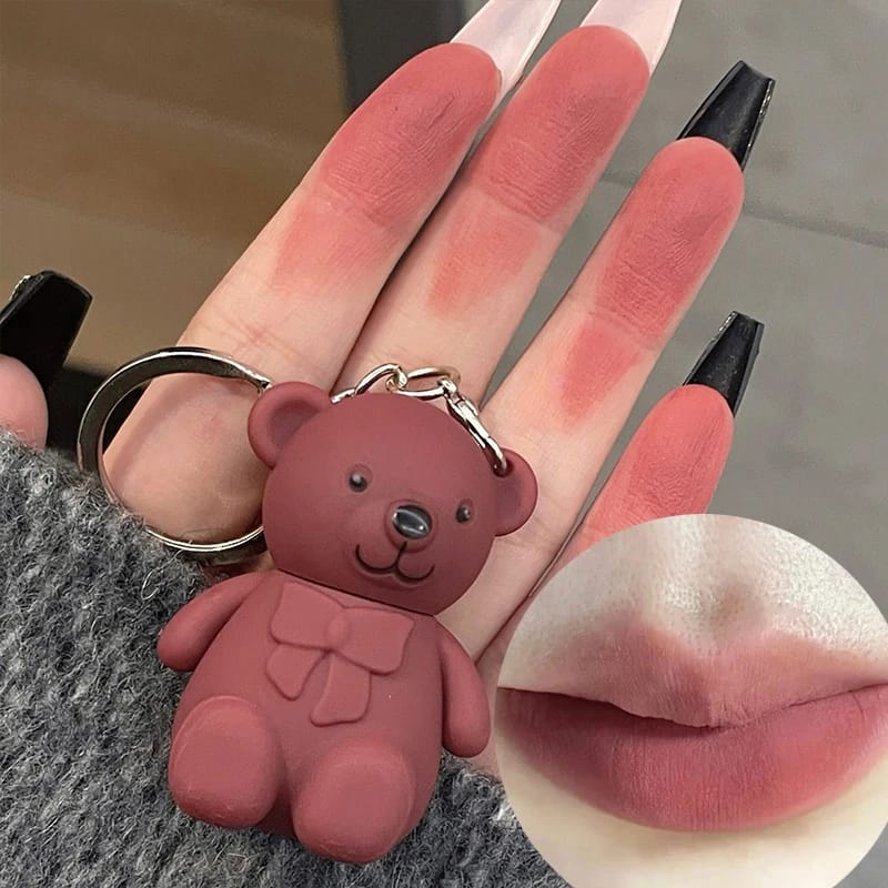 Korean Bear Keychain Matte Lipgloss Waterproof Long Lasting Lip Gloss Cute Bear Beauty Makeup