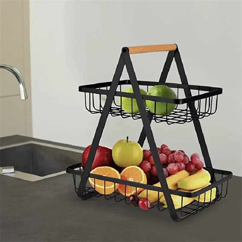 2-Tier Metal Fruit Basket Portable Kitchen Storage Countertop Shelf Rack for Fruits Vegetables Household Toiletries