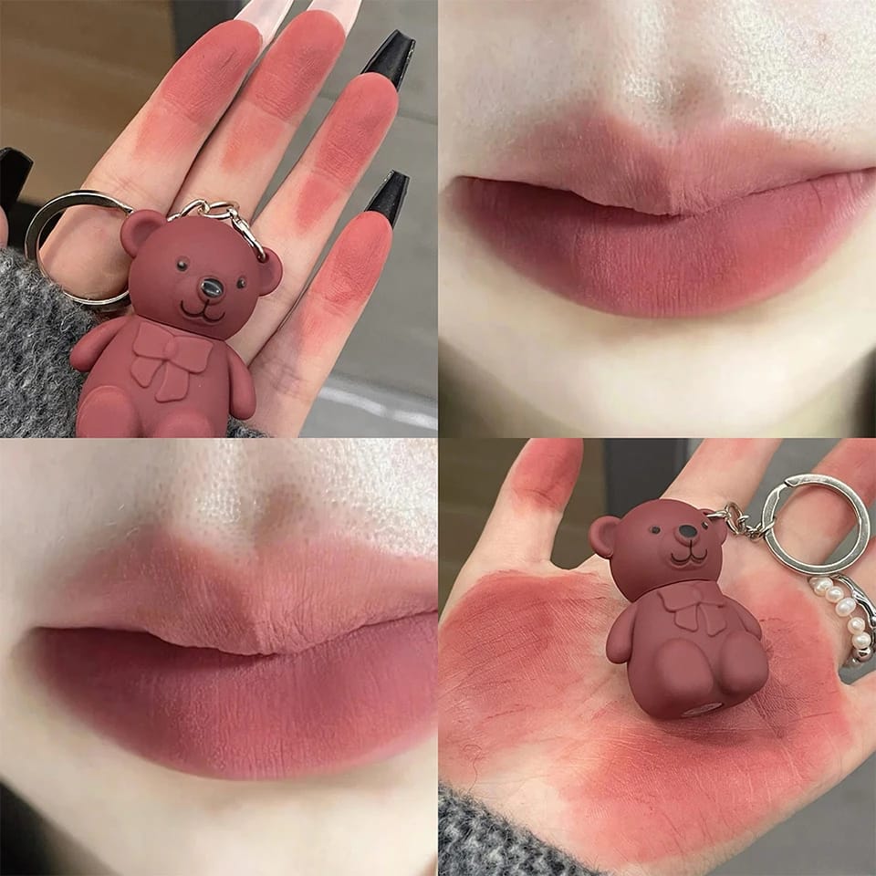 Korean Bear Keychain Matte Lipgloss Waterproof Long Lasting Lip Gloss Cute Bear Beauty Makeup