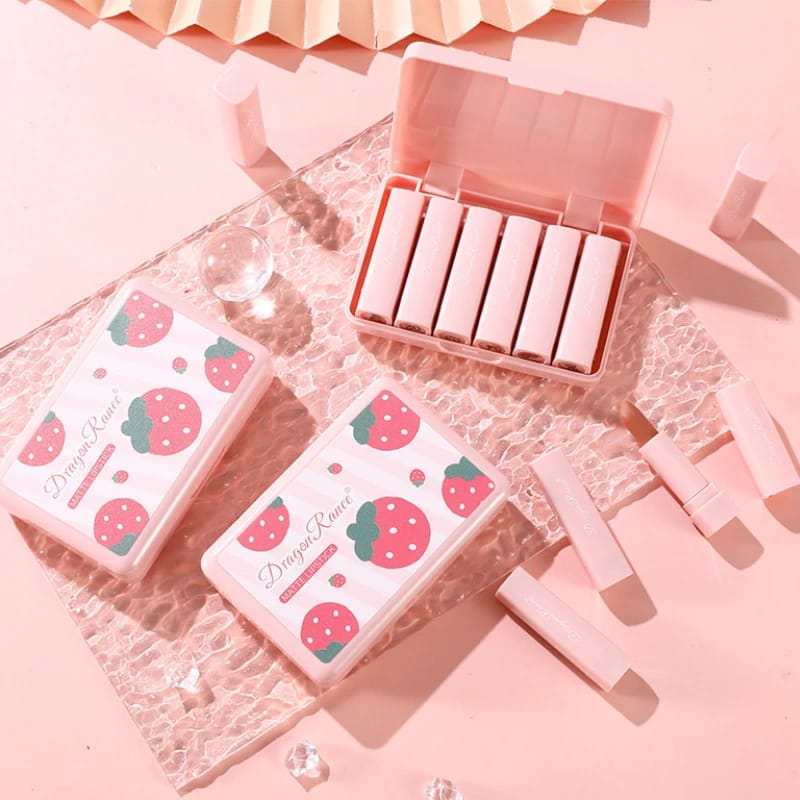 6pcs/set Strawberry Matte Lipstick Set Waterproof Long Lasting Exquisite Pink Matte Lipstick