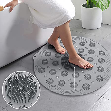 Foot Scrubber Shower Mat with Pumice Feet Scrub Stone, Round Bathtub Mat with Anti Slip Suction Cups and Drain Holes, Non Slip Bath Mat with A Pumice Stone for Feet Massage