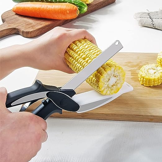 2 in 1 Clever Cutter Food Vegetable Chopper Kitchen Stainless Steel Vegetable Scissors Fruit Cutter, Vegetable Cutter With Cutting Board