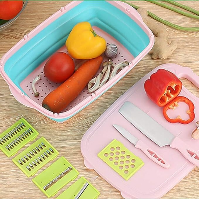 9 in 1 Cutting Board Set Multifunctional Collapsible Basket Drain Mandoline Vegetable Slicer Cutters Knives Collapsible Colander