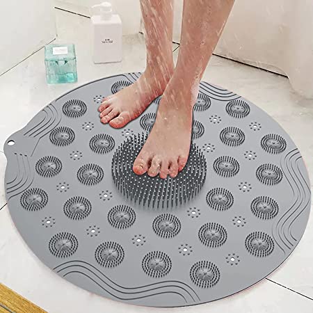 Foot Scrubber Shower Mat with Pumice Feet Scrub Stone, Round Bathtub Mat with Anti Slip Suction Cups and Drain Holes, Non Slip Bath Mat with A Pumice Stone for Feet Massage