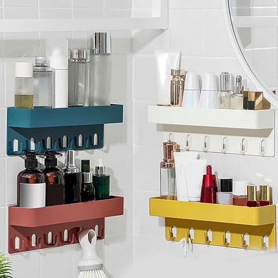 Punching-Free Corner Toilet Storage Rack Shower Plastic Corner Adhesive Bathroom Wall Mounted Storage Rack with Hooks Dropship