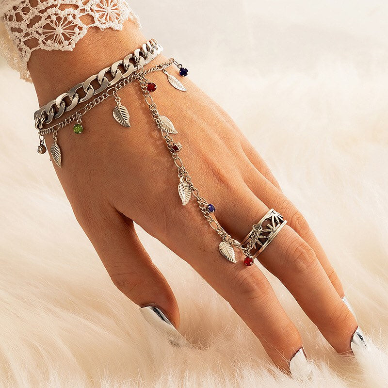 Leaf Charm Bracelet with Finger Ring Link Wrist Chain Bracelet Silver Color Aesthetic Jewelry Gifts Trendy Party Jewelry