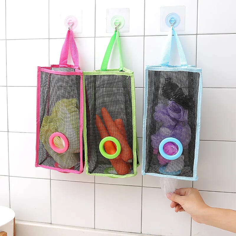 Grocery Bags Holder Organizer Trash Bag Hanging Storage Mesh Dispenser Kitchen Reusable Garbage Bag Wall Mount