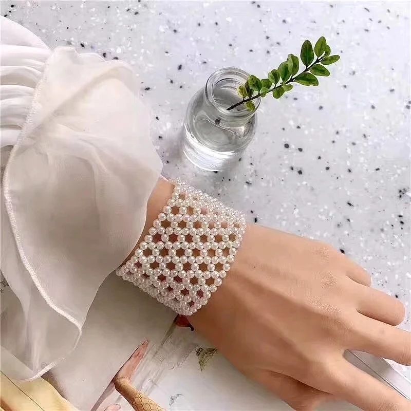 White Pearl Fashion Jewelry Weave Bracelet elastic wide bracelet for Women