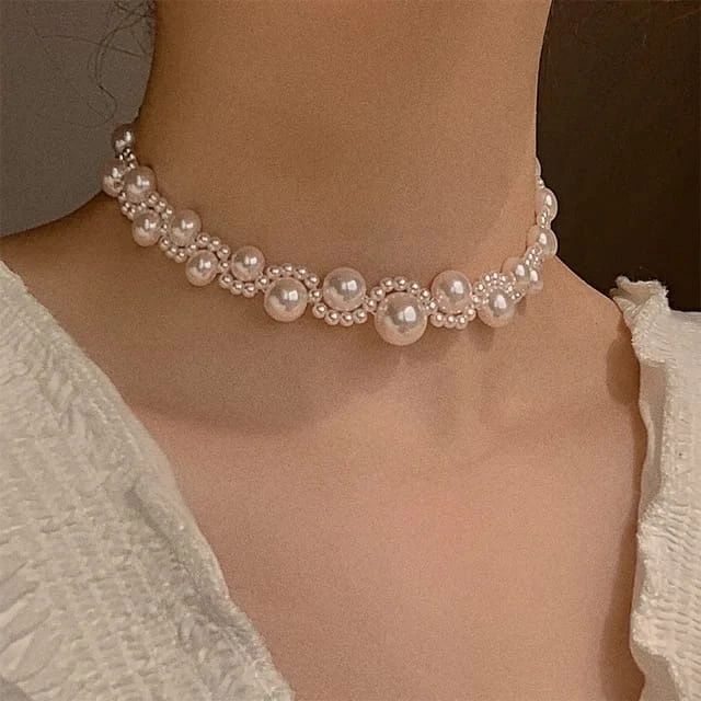 Imitation Pearl Choker Necklae For Women Adjustable Pearl Strand Chain Necklace