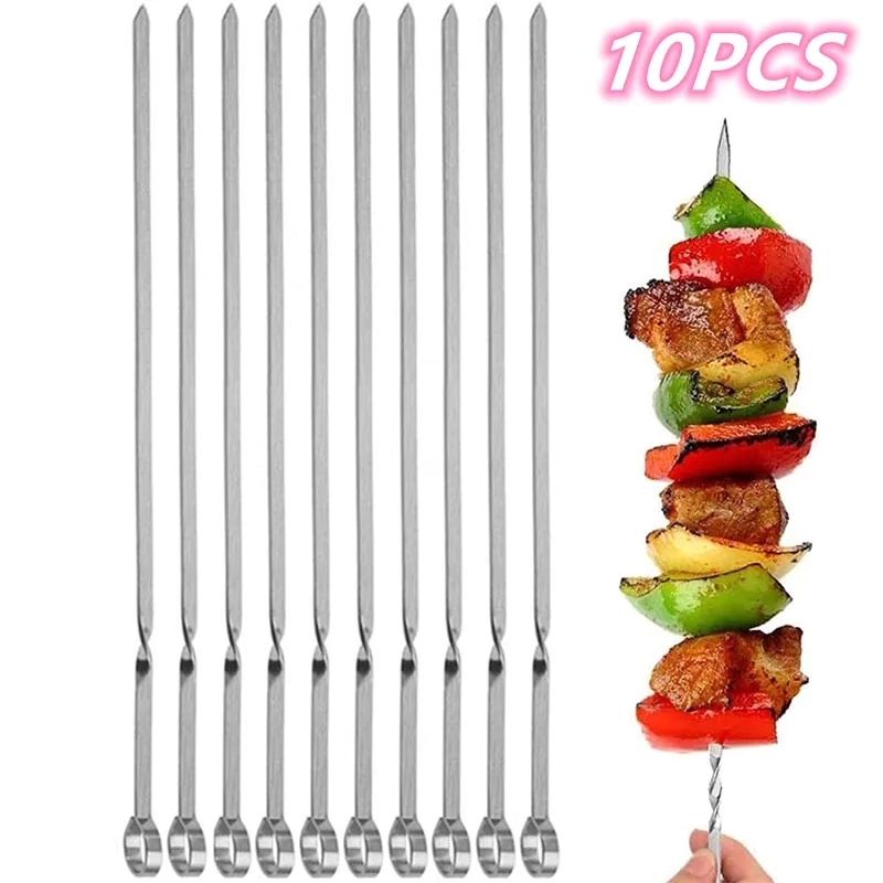 10 Pieces BBQ Stick Set Flat Metal Stainless Steel Barbecue Skewers Stick Set Tool Reusable Kebab Sticks For Meat