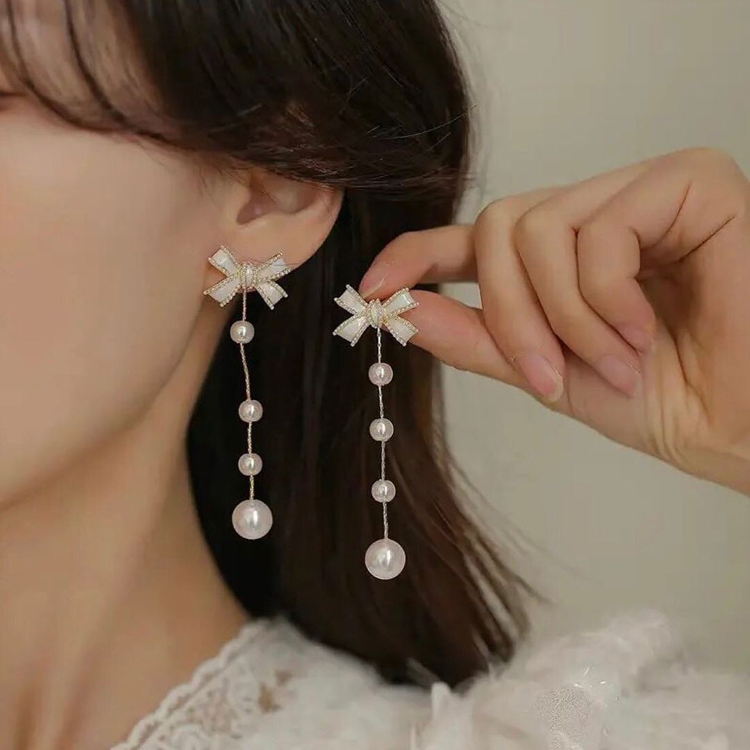 Elegant Bow Pearl Tassel Long Earrings Luxury Jewelry Fashion Drop Earrings Pair