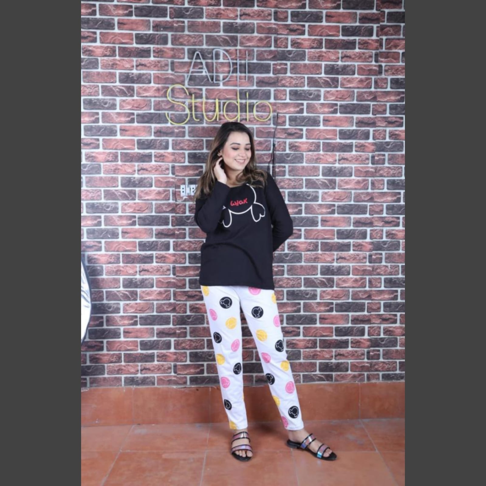 Black Stylish printed T Shirt with Multicolor Pajama Full Sleeves Night Suit for her