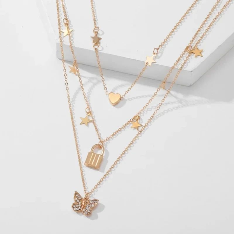 Multilayer Chain Necklace Butterfly Lock Heart Star Pendant Collier For Women Girls Female Fashion Jewelry