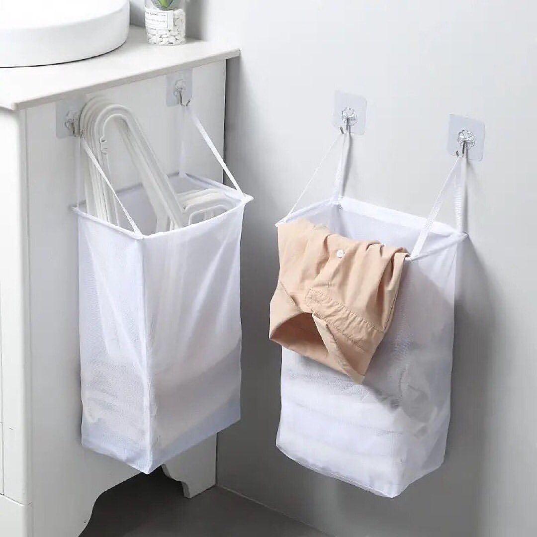 Hanging Net Bag With Sticker Wall-Mounted Laundry Basket Dirty Clothes Storage Basket Bathroom Organizer Mesh Bag Laundry Hamper