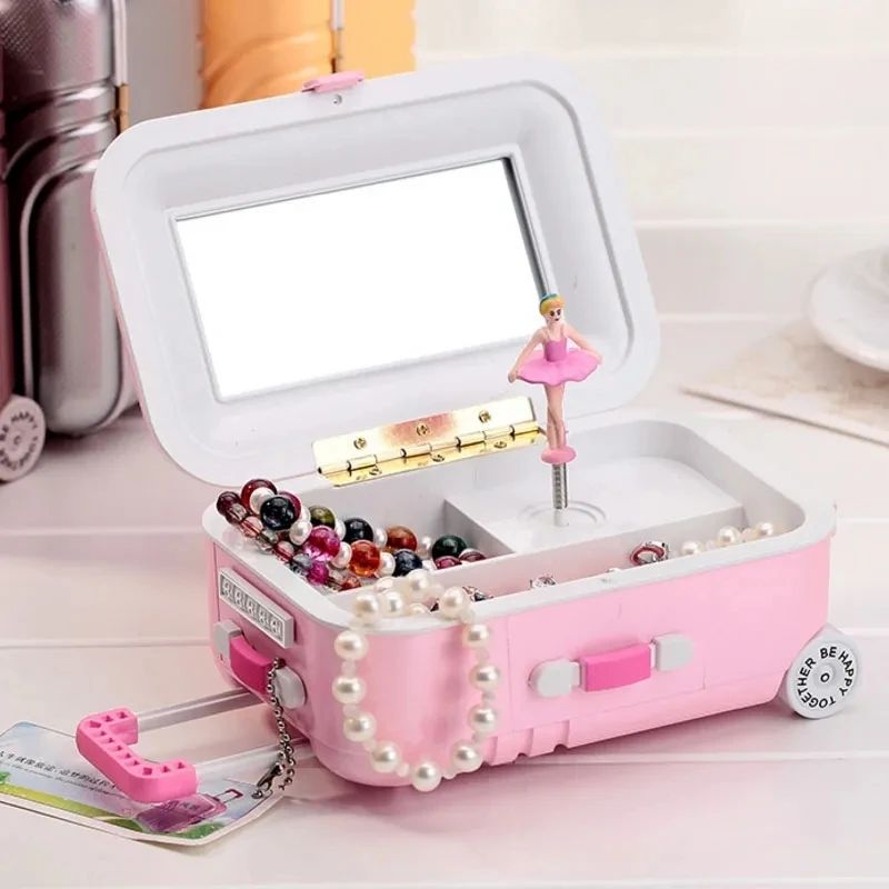 Creative Fun Suitcase Style Music Box Jewelry Cosmetics Storage Boxes Rotating Ballerina Girl