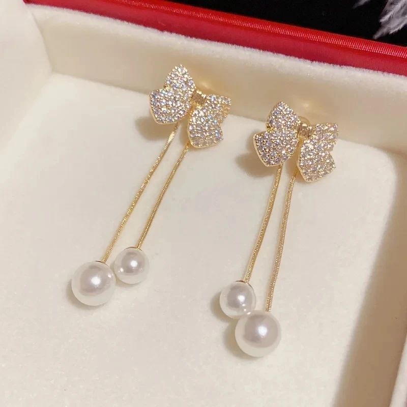 Silver Stud Gold-plating Copper Luxury Sparkling Cubic Zirconia Long Tassel Earrings Bow Crystal Drop Earrings (Pair)