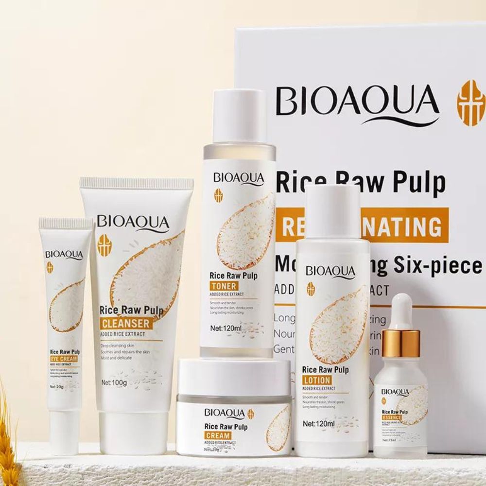 6pcs BIOAQUA Rice Raw Pulp Skin Care Sets Moisturizing Whitening Anti-aging Face Cream Serum Facial Cleanser Eye Cream Skin Care Set