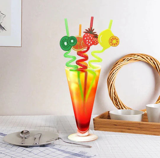 Set of 4pcs Fruits Plastic Spiral Drinking Straws Children Use Birthday Party Bar Club Juice Flamingo Fruity Straw