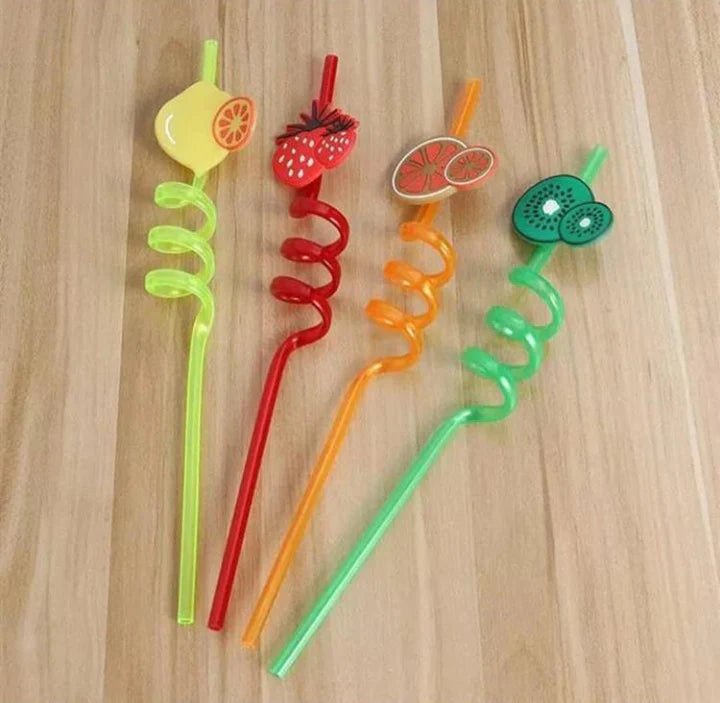 Set of 4pcs Fruits Plastic Spiral Drinking Straws Children Use Birthday Party Bar Club Juice Flamingo Fruity Straw