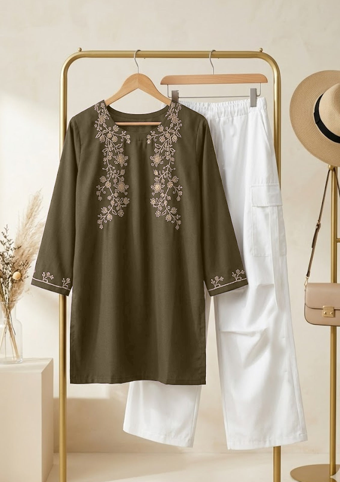Embroidery 2pcs Suit With Cargo Pent 4 pocket