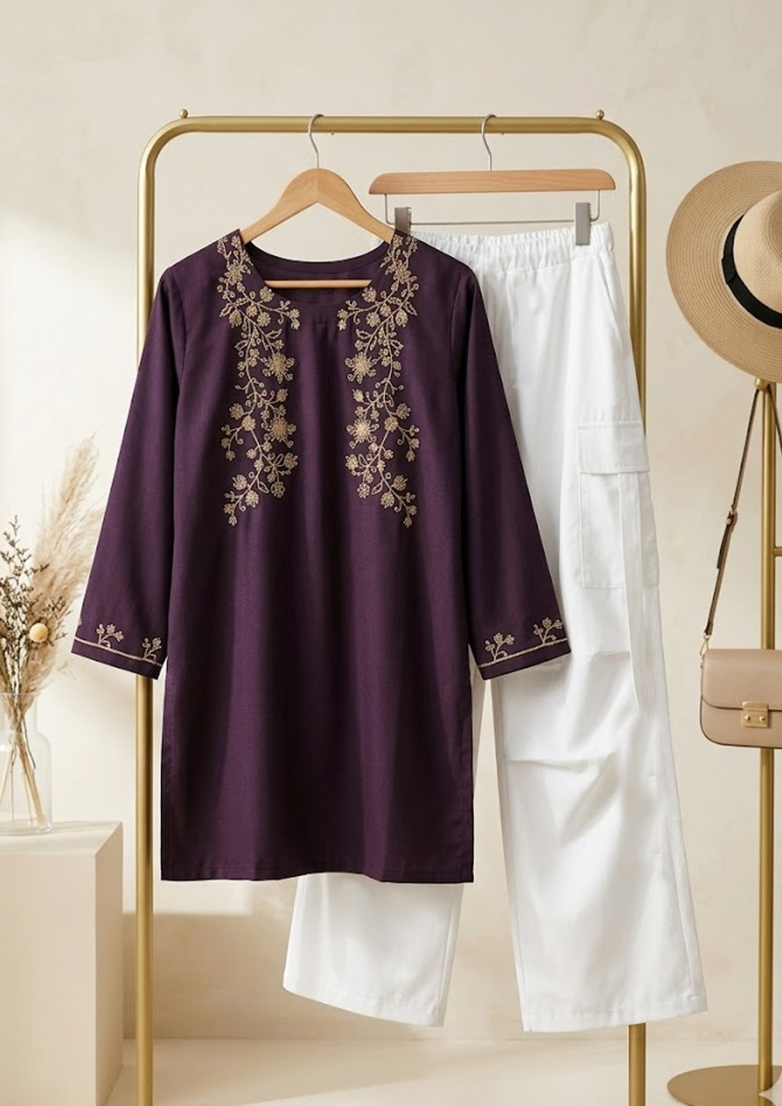 Embroidery 2pcs Suit With Cargo Pent 4 pocket