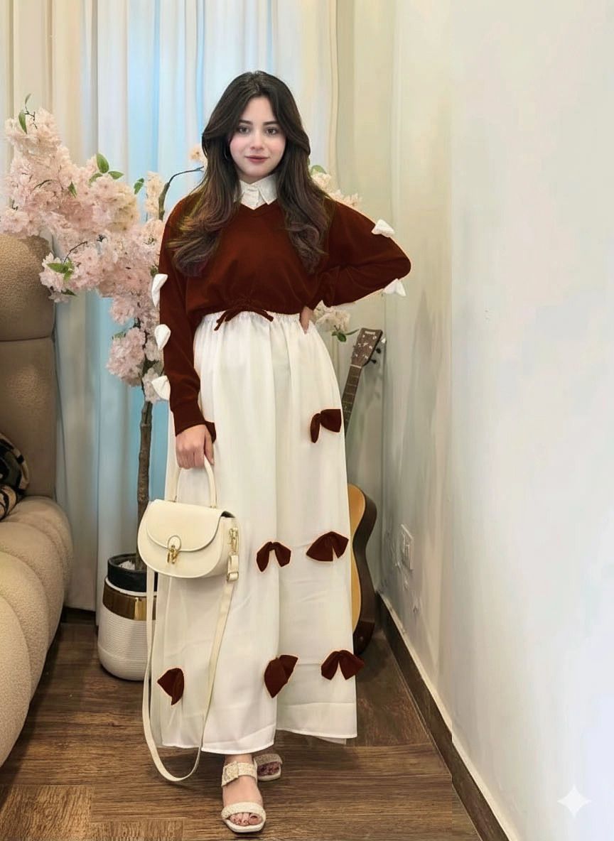 Premium Georgette Gelegant V Neck Bow Stitched On Sleeves Top With Contrast Bow Stitch On Maxi Long Flare 2Pcs