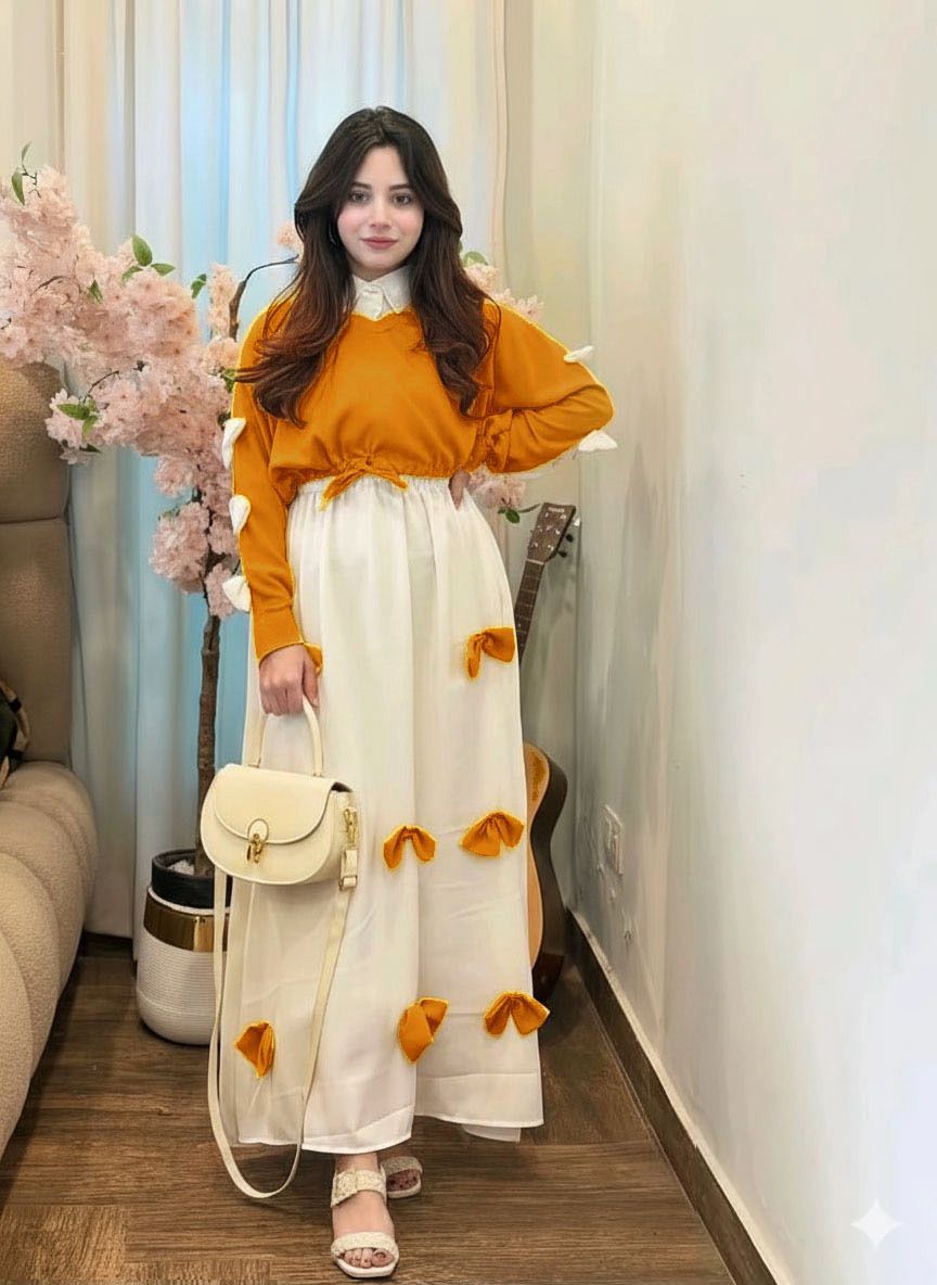 Premium Georgette Gelegant V Neck Bow Stitched On Sleeves Top With Contrast Bow Stitch On Maxi Long Flare 2Pcs