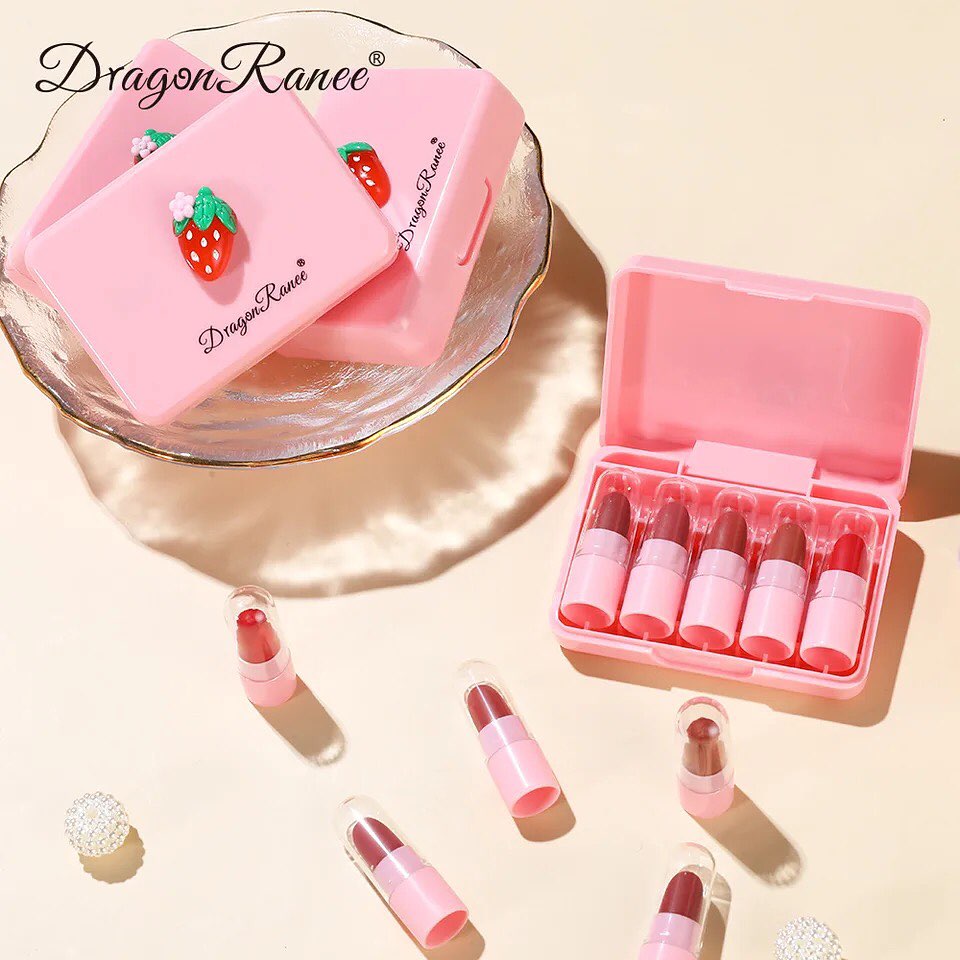 5pcs/set Strawberry Lipstick Set Matte Velvet Lip Gloss Waterproof Long Lasting Non-Stick Cup Natural Sexy Fashion Lip Cosmetic Kit