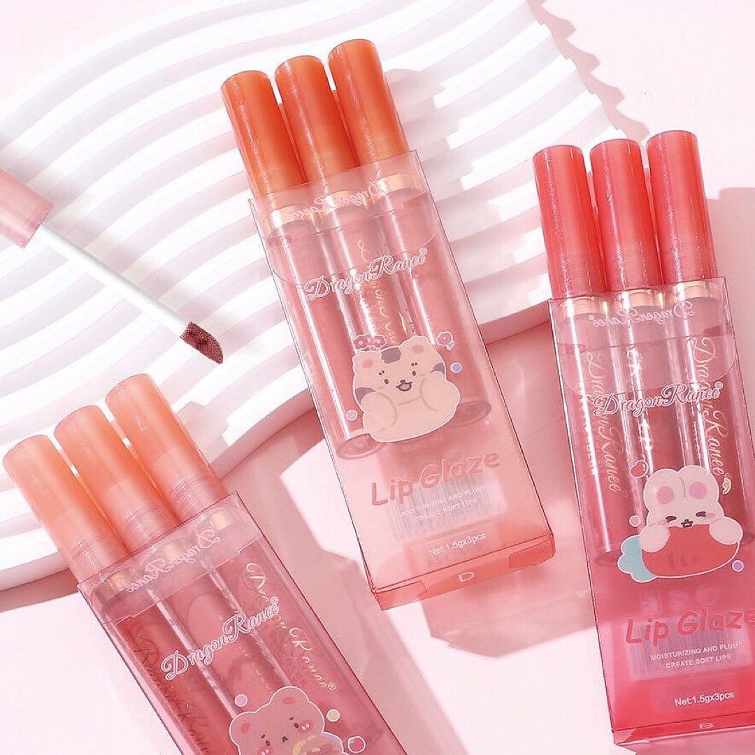 3pcs Cute Cartoon Mirror Water Lip Glaze Makeup Luminous Hydrating Lip Oil Moisturizing Glossy Lipstick